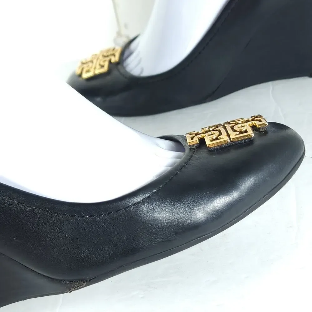 Tory Burch Women’s Melinda US 8M Black Leather Logo Slip On Wedge Pumps Shoes